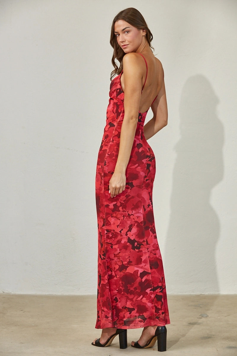 Red Floral Cowl Neck Maxi Women's Lotiv Dresses Slip Dress