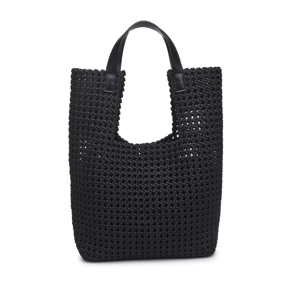 Black woven handbag with a black handle on a white background