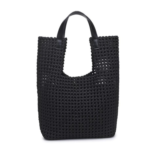 Black woven handbag with a black handle on a white background