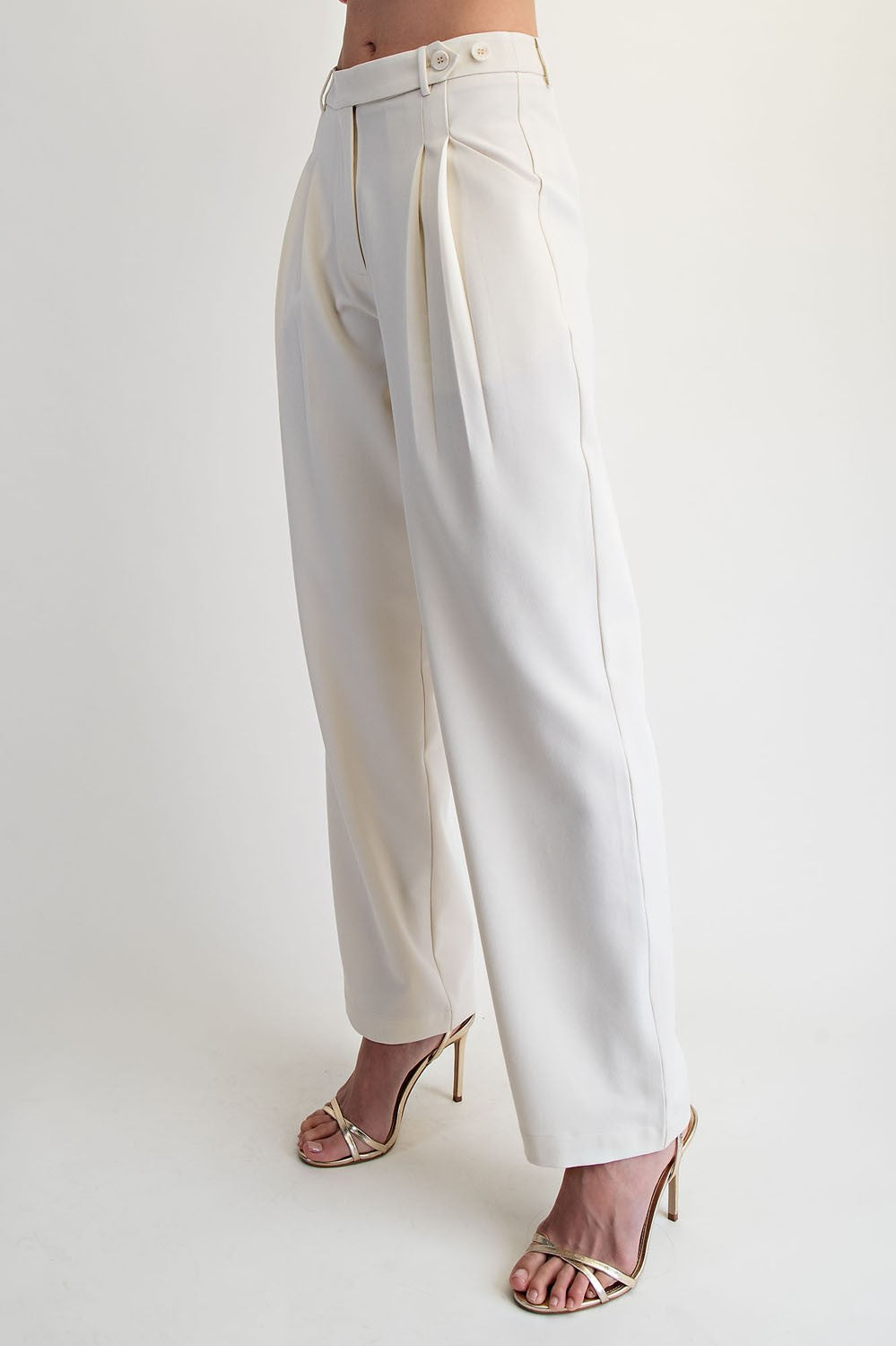 White Pleated Pockets Adjustable waist straight leg Lotiv summer spring trouser pants 