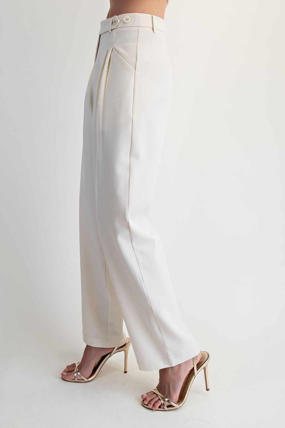 White Pleated Pockets Adjustable waist straight leg classic Lotiv trouser pants 