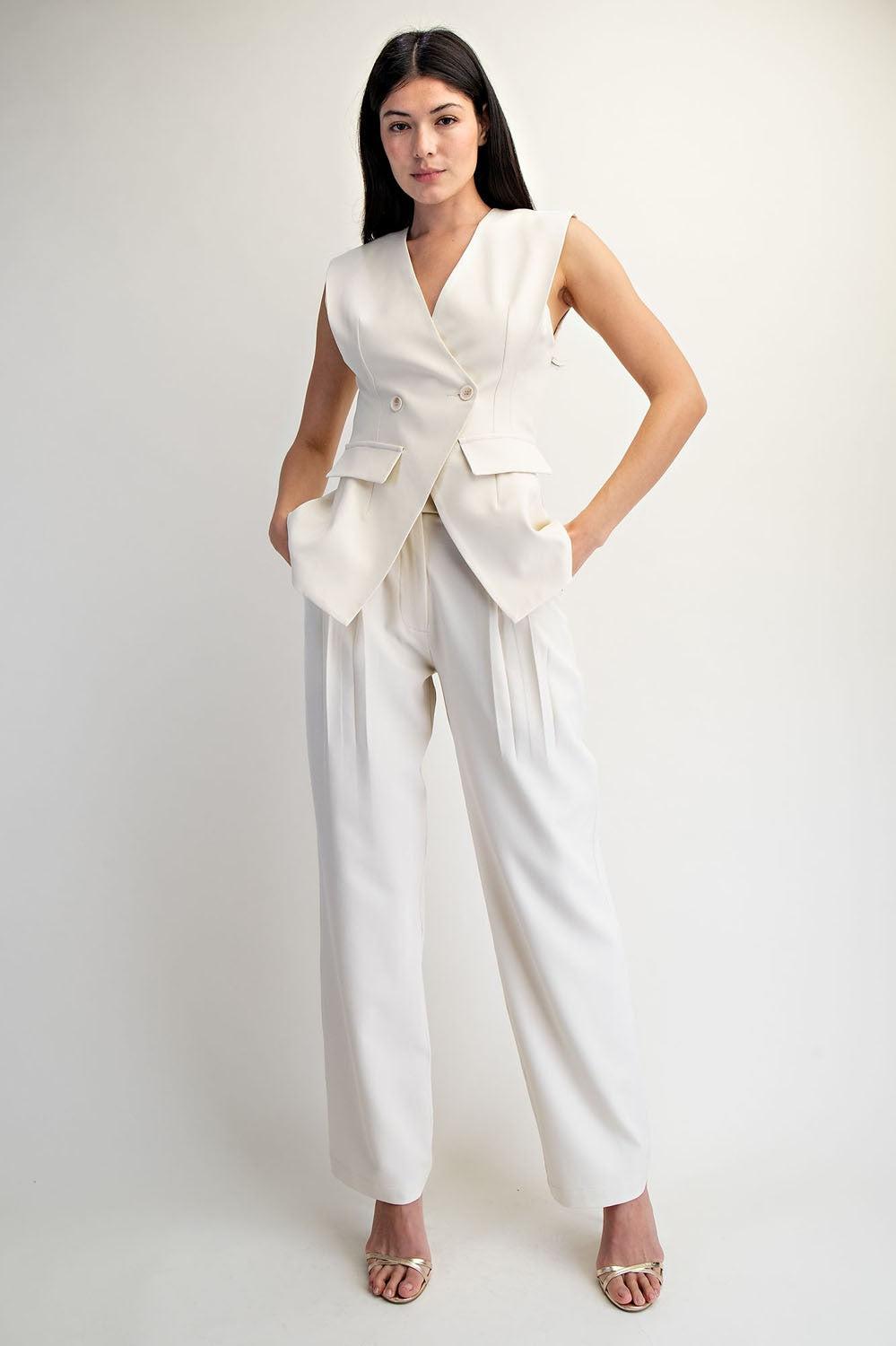 White Pleated Pockets Adjustable waist straight leg Lotiv trouser pants 