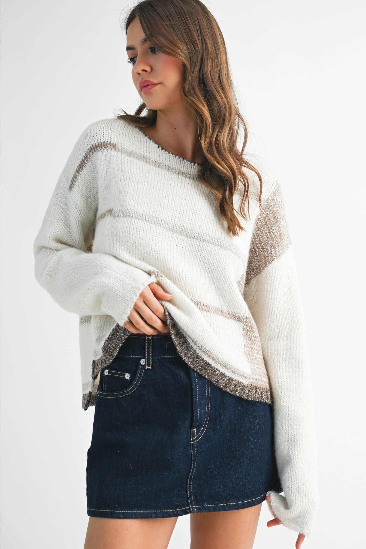 KENZIE STRIPED SWEATER (WHITE/OAT)