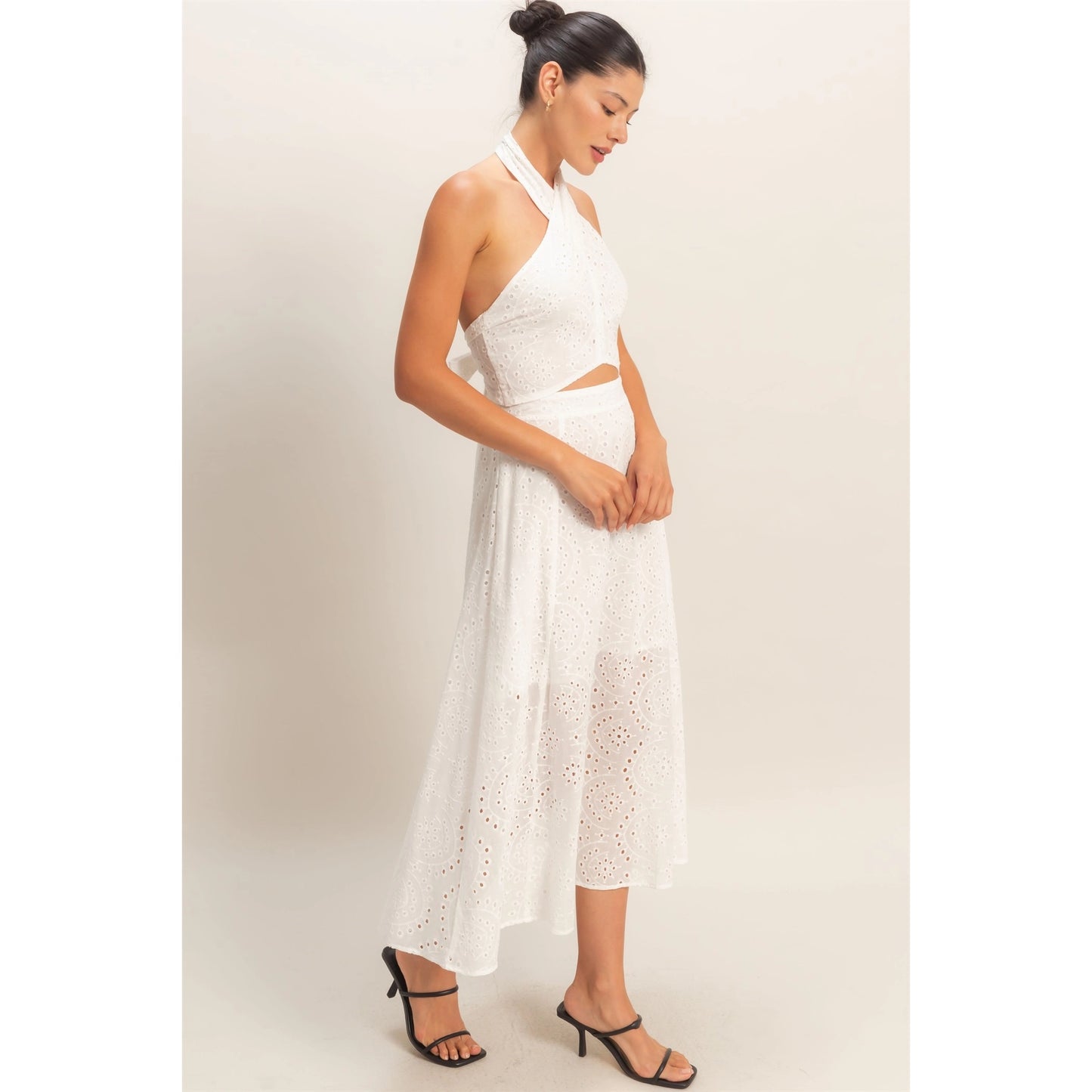 Kira Eyelet Halter & Midi Skirt Set (White)