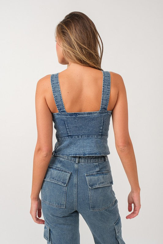 Talia Lace Up Front Jean Bustier Top ( Blue Denim)