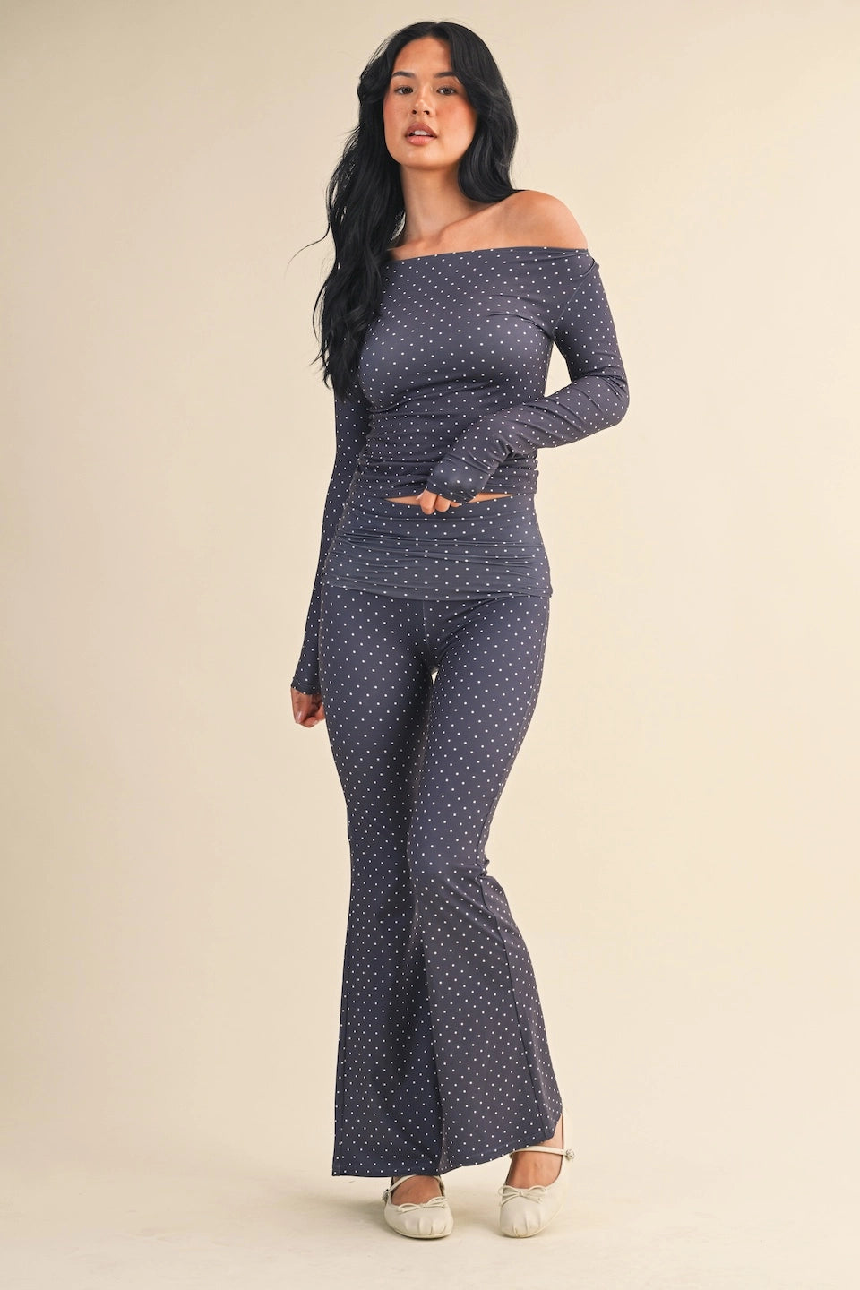 DOTTY BLUE POLKA DOT FOLD OVER FLARE PANTS (BLUE)